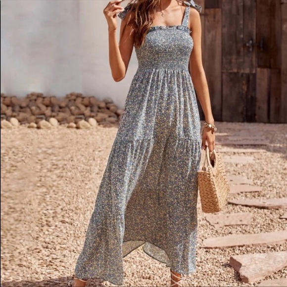 Boho floral tie shoulder shirred ruffle hem dress - Picture 11 of 13